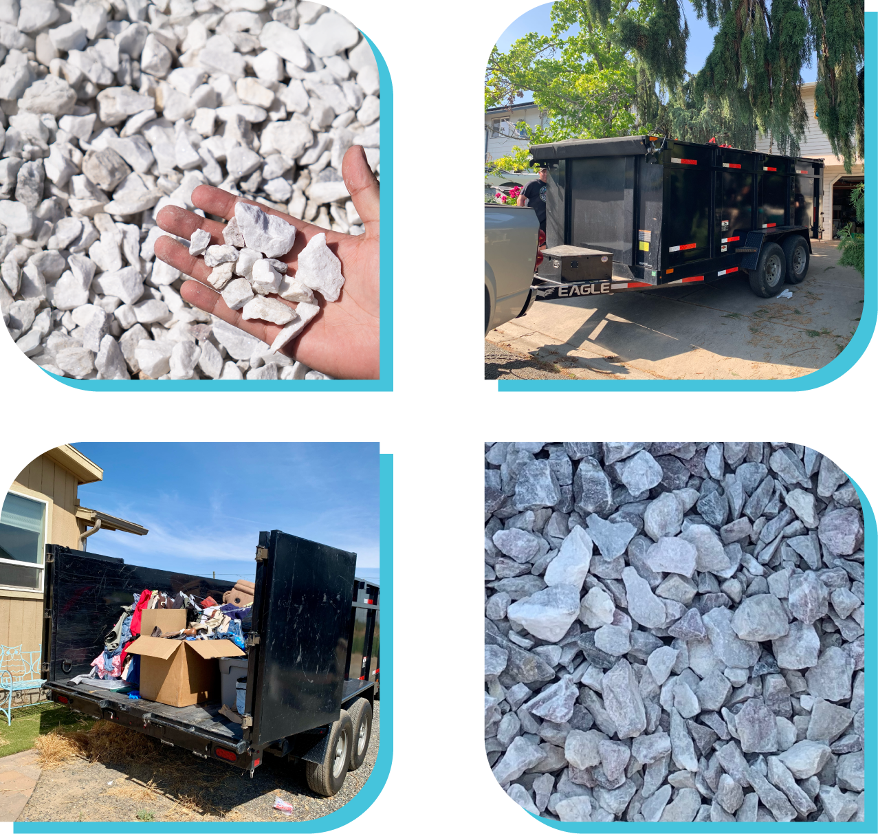 four images cut in to decorative shapes featuring rock, and our dump trailers