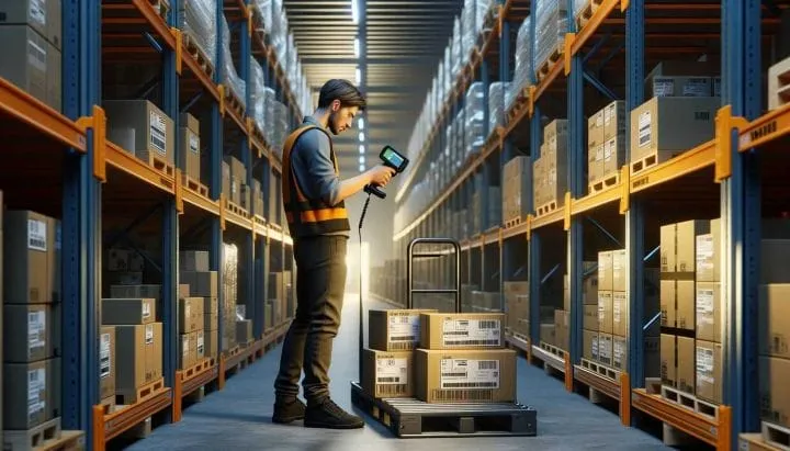 Human worker conducting a manual stocktake in a warehouse, using a handheld barcode scanner.