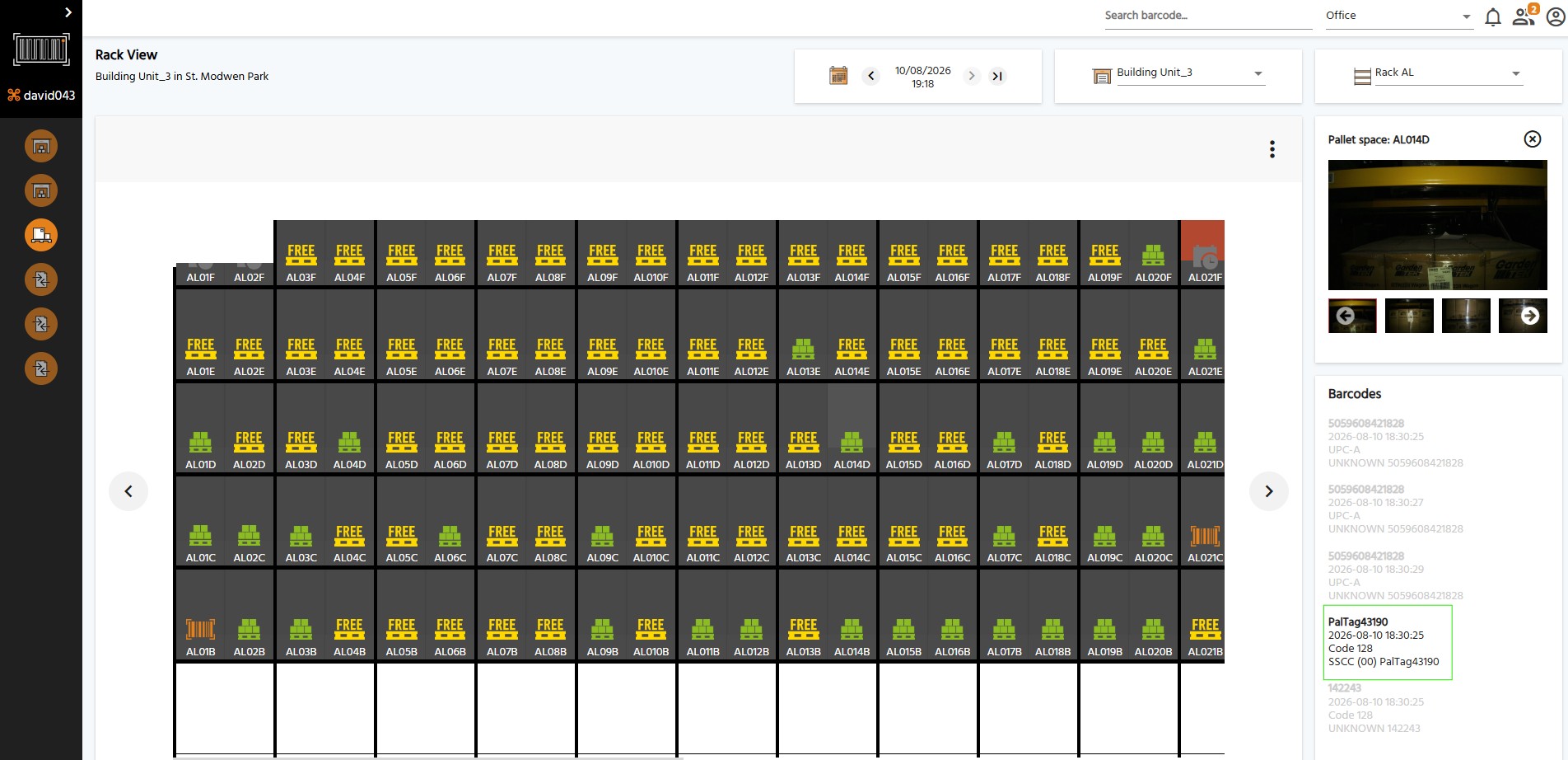 Warehouse Rack View dashboard showing pallet locations with time-stamped images and barcode evidence for inventory reconciliation