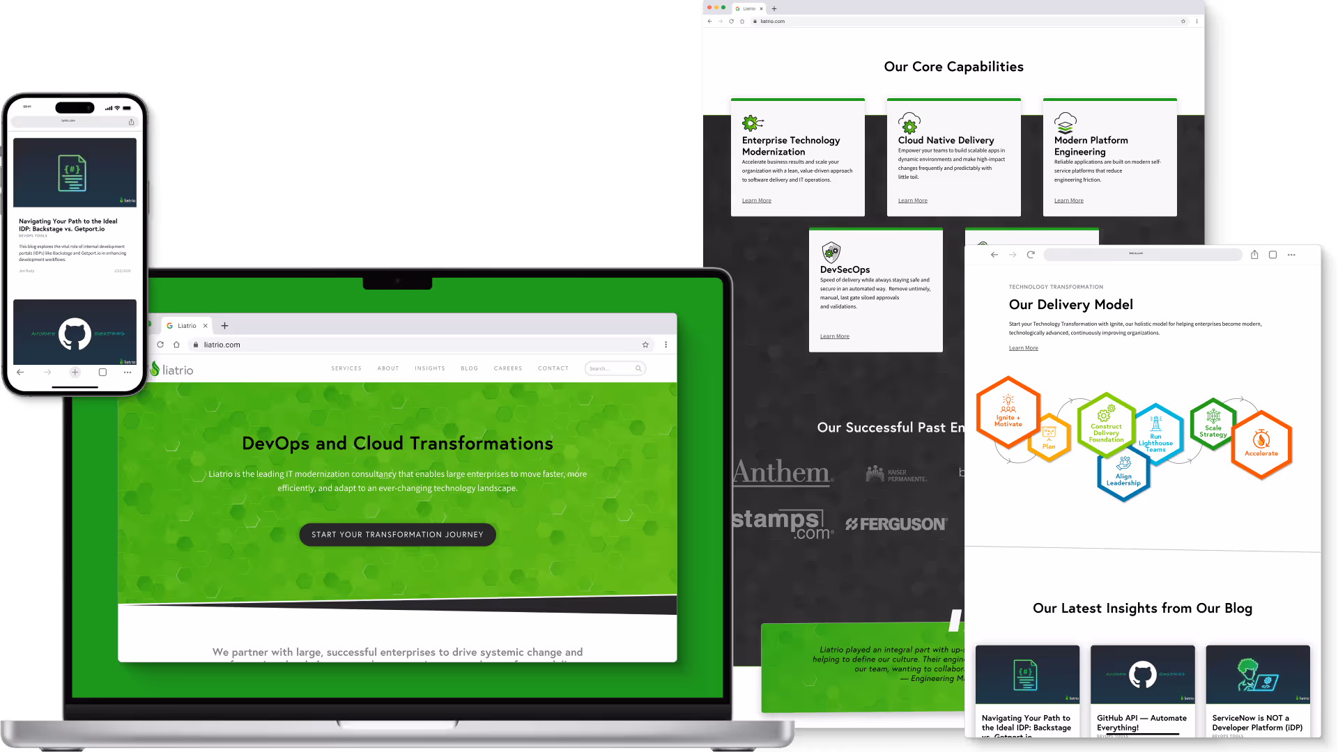 Desktop, tablet, and mobile mockups of the old Liatrio website homepage