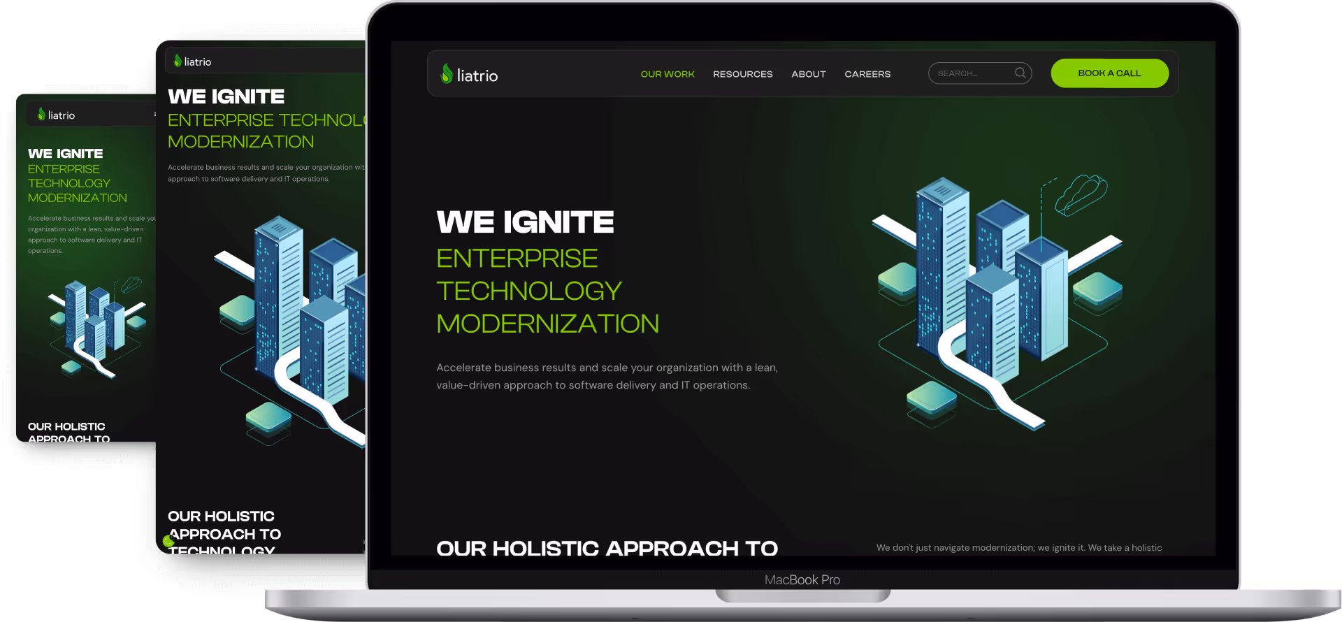 Liatrio website mockups in desktop, tablet, and mobile views.