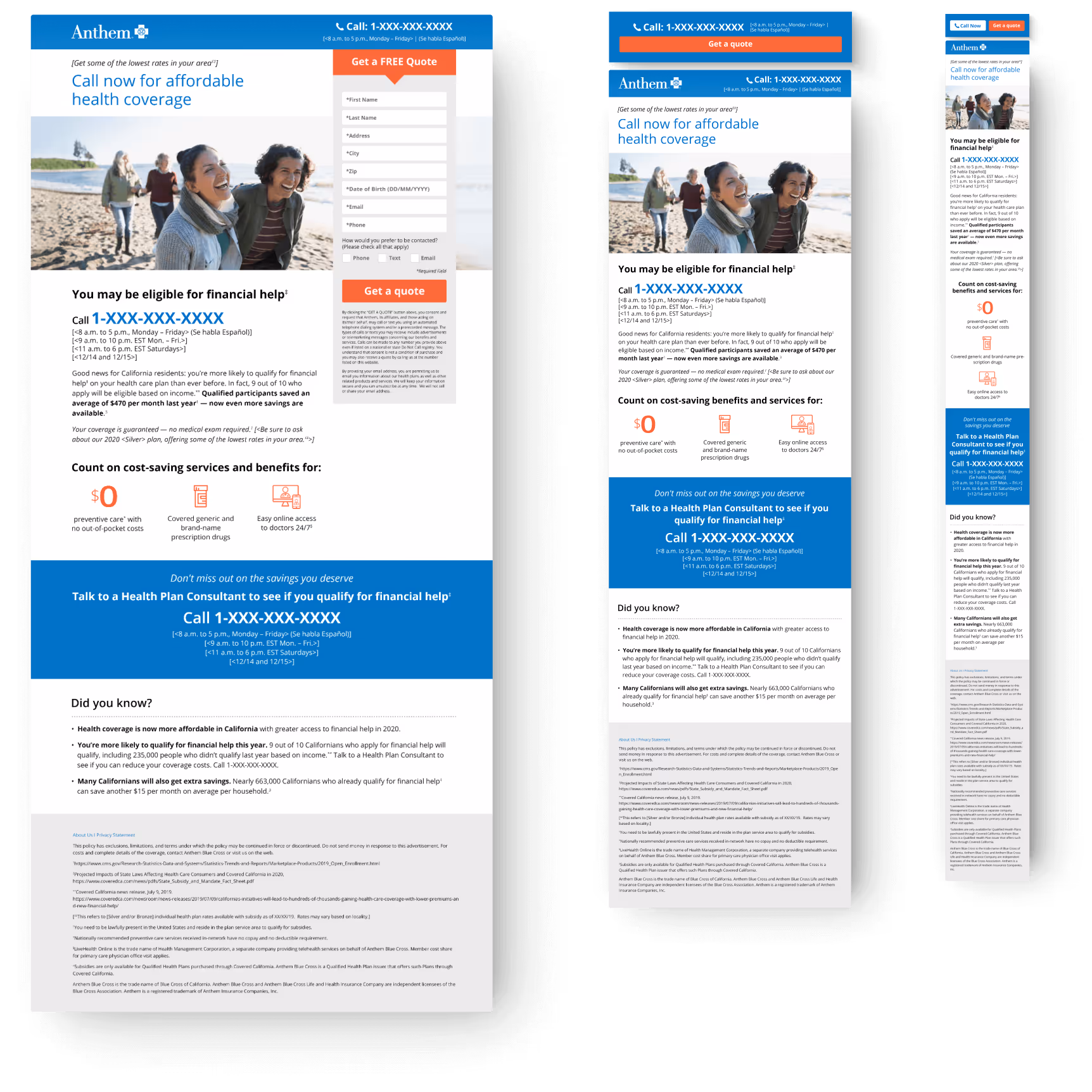 Anthem marketing campaign landing page designs in desktop, tablet, and mobile