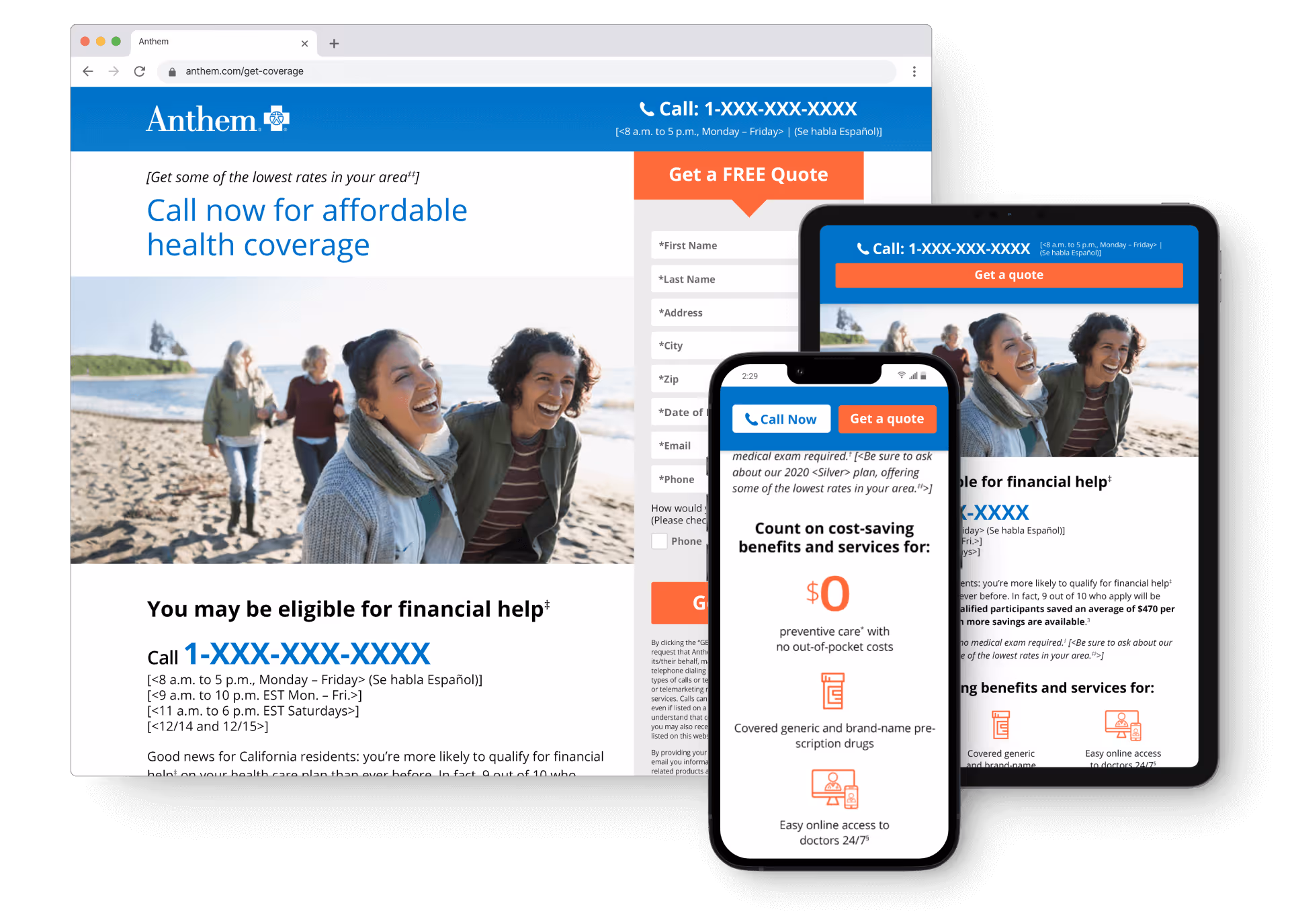 Anthem marketing campaign landing page mockup in desktop, tablet, and mobile