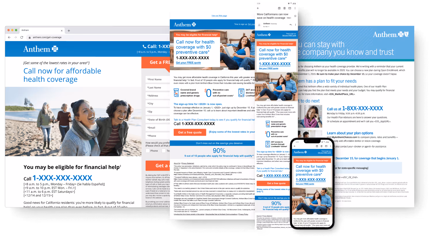 Anthem marketing creative arranged on a 15 degree angle in a horizontal banner.