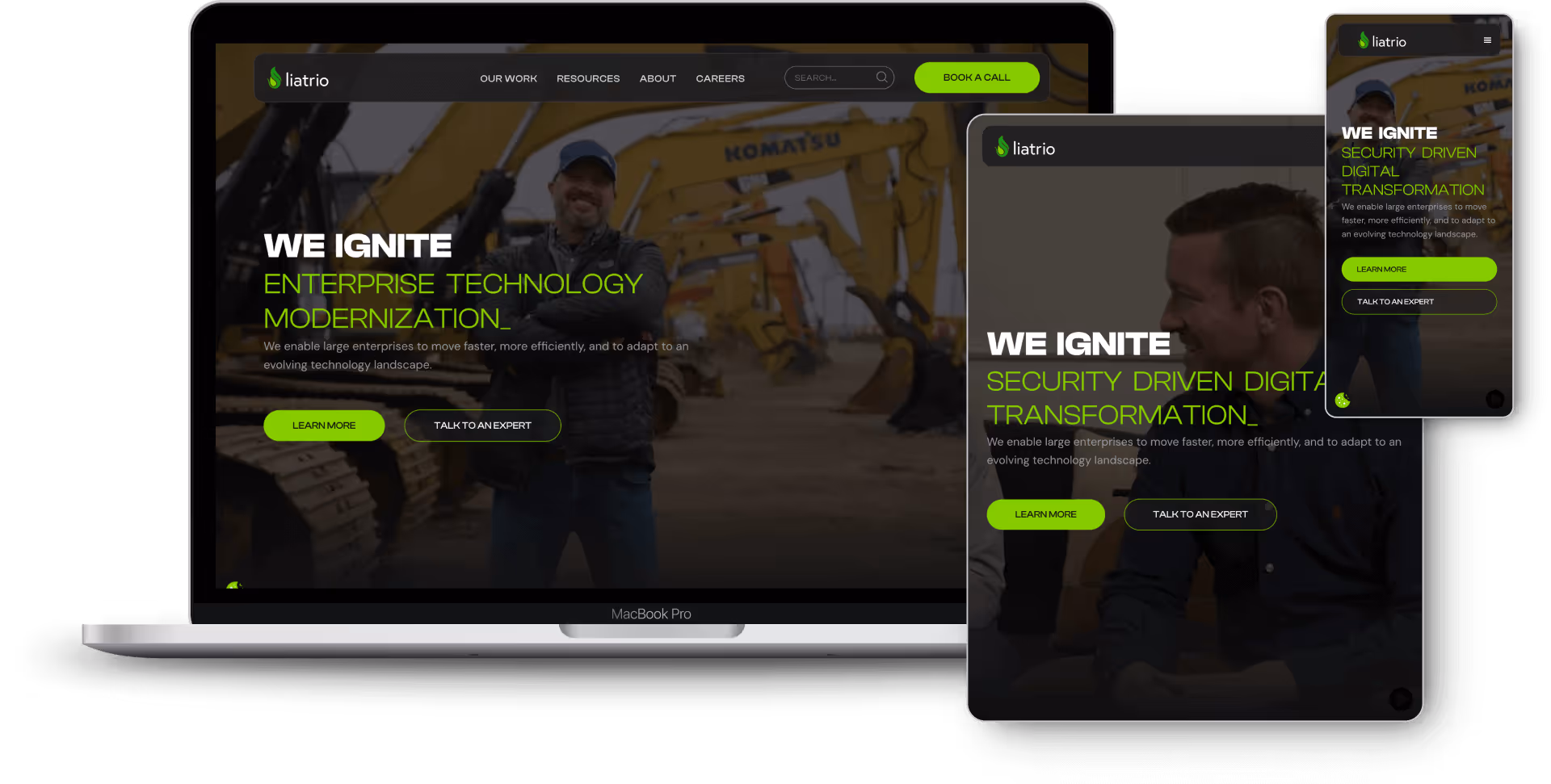 Liatrio website mockups in desktop, tablet, and mobile views.