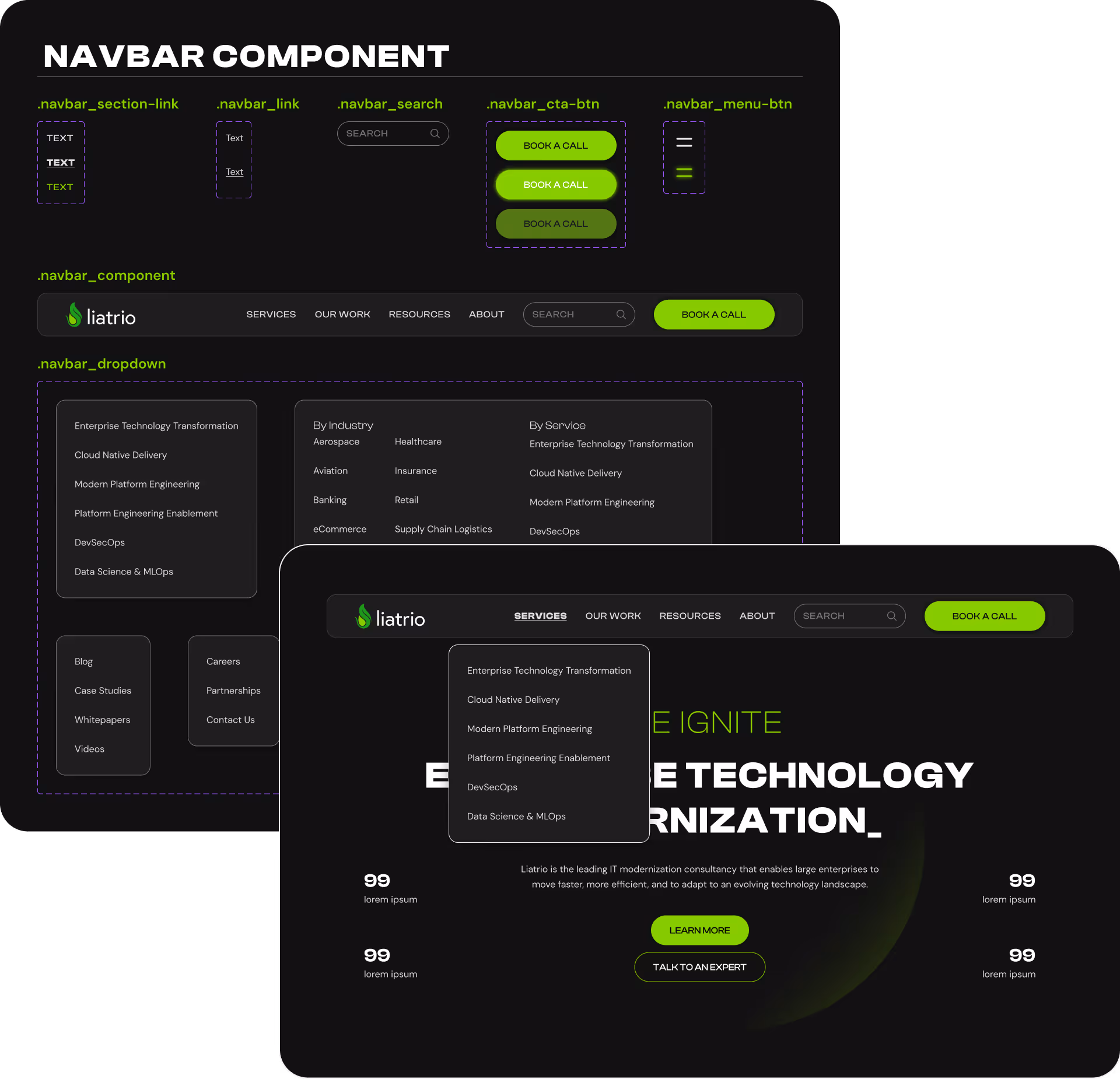 Liatrio website navigation component pieces and assembled navigation bar
