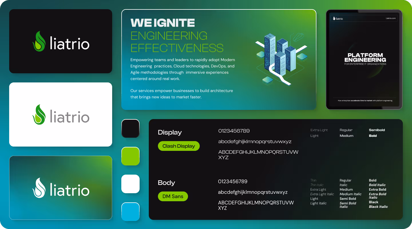 Liatrio visual identity snippets in a horizontal banner arranged in a bento box layout