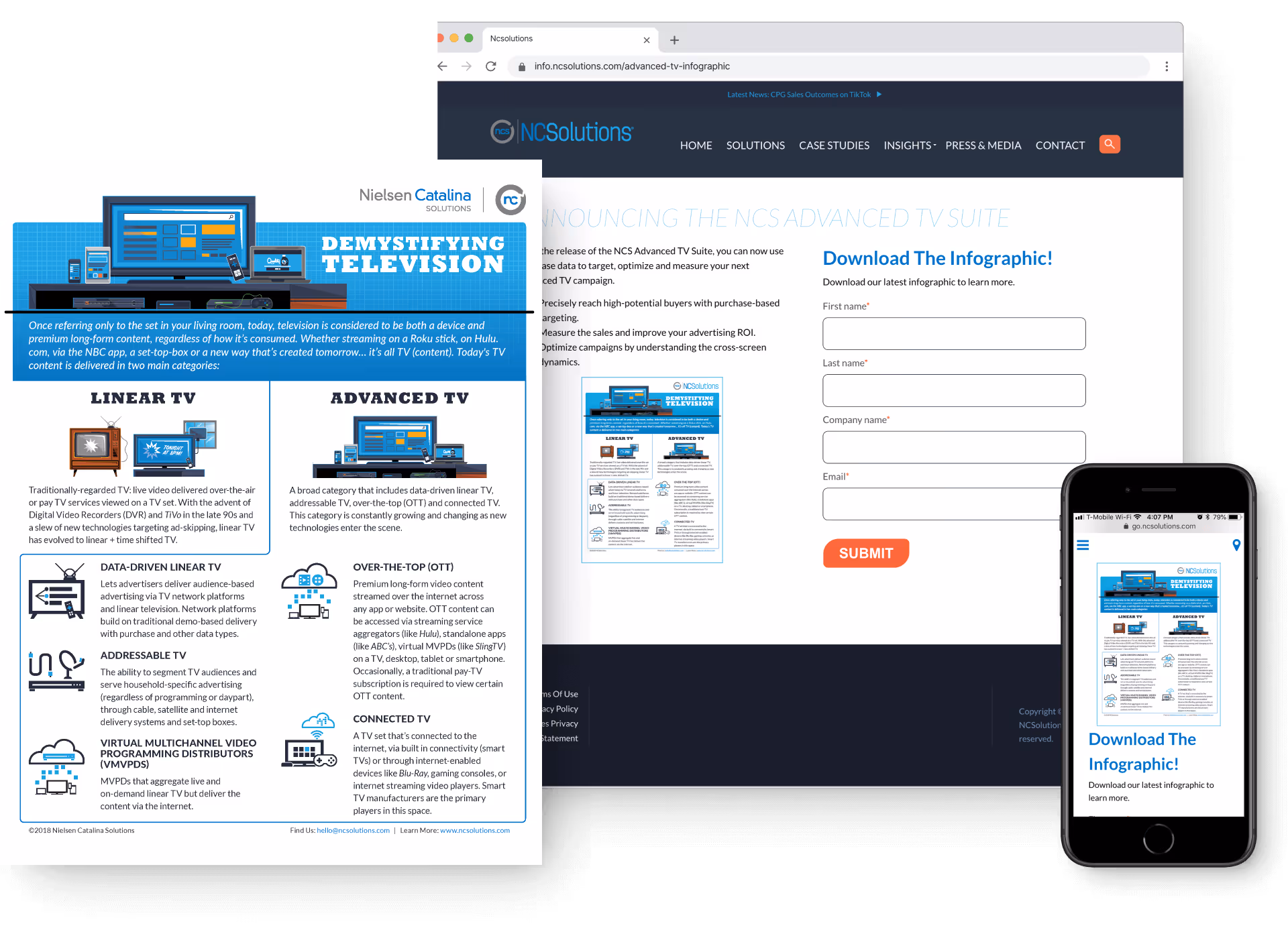 Website displaying the NC Solutions Advanced TV Suite announcement with an infographic titled 'Demystifying Television' explaining Linear TV and Advanced TV categories.