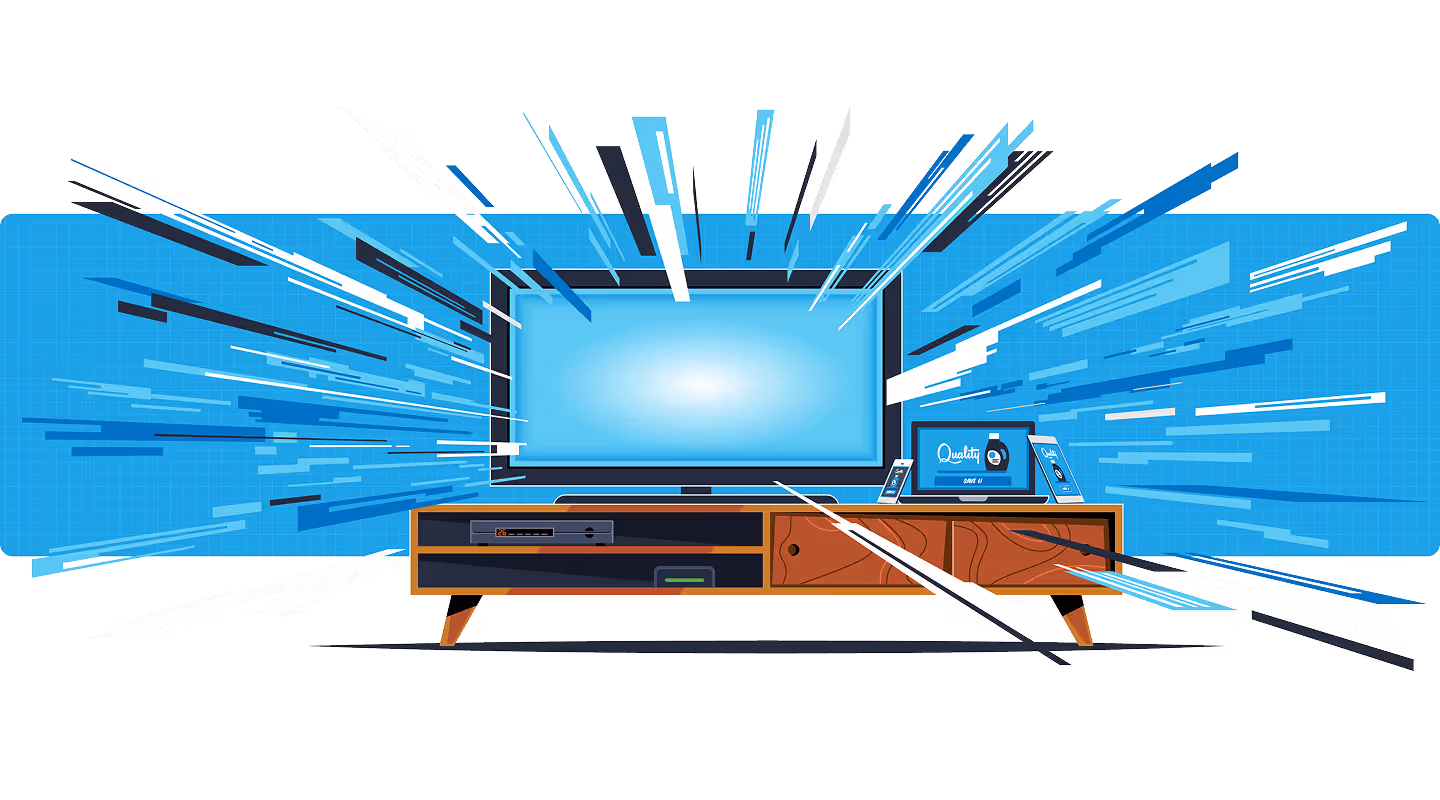 A spot illustration of a flat-screen tv on top of a wooden tv stand with energy wave projecting from the screen toward the viewer.