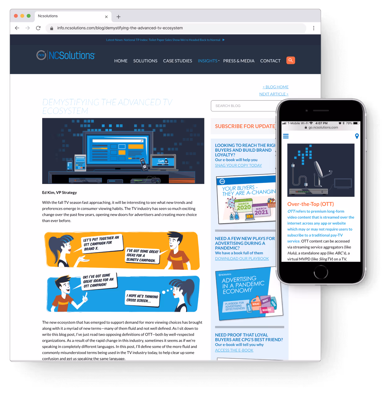 Blog page titled 'Demystifying the Advanced TV Ecosystem' on NC Solutions website, featuring illustrations of TV devices and a smartphone displaying OTT content explanation.