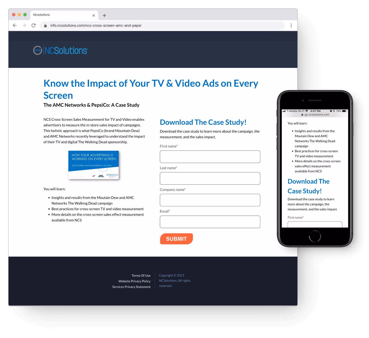 Webpage and mobile view of NC Solutions case study lead capture form titled 'Know the Impact of Your TV & Video Ads on Every Screen' with fields for first name, last name, company, and email, and a submit button.