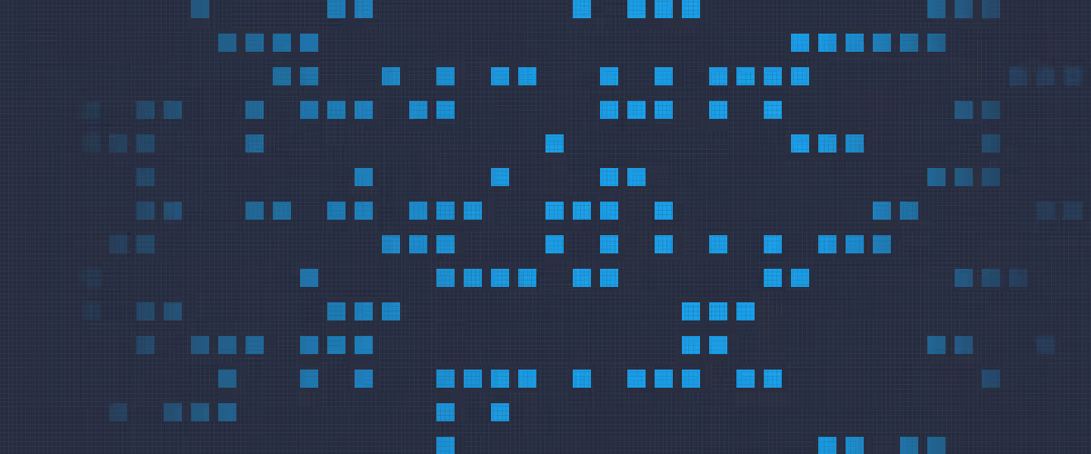 Dark blue background with a pattern of glowing blue squares arranged in clusters resembling a digital or data matrix.