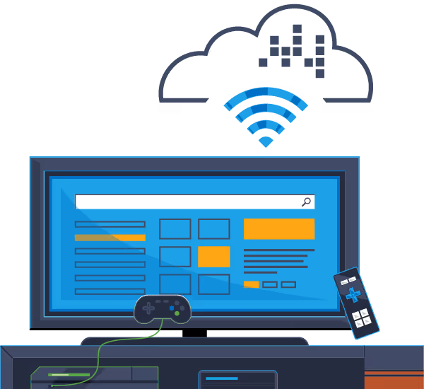 Spot illustration of a Smart TV with a blue interface connected wirelessly to a cloud displaying signal and data icons, accompanied by a game controller and remote control
