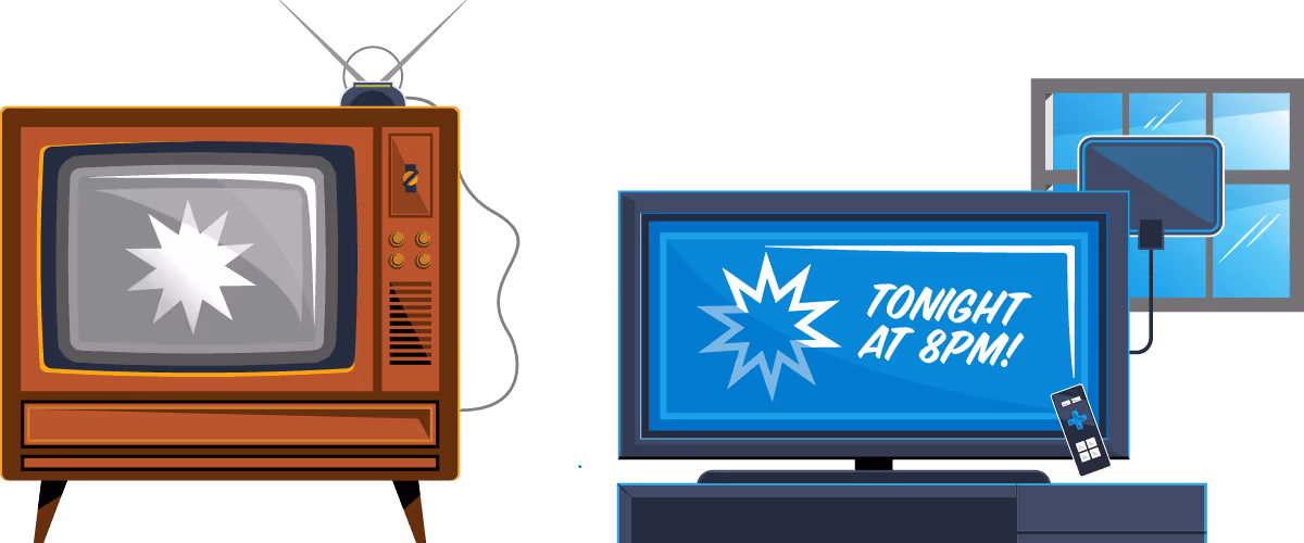 Spot illustration of a side-by-side of a cathode ray tv and a flat screen tv next to it