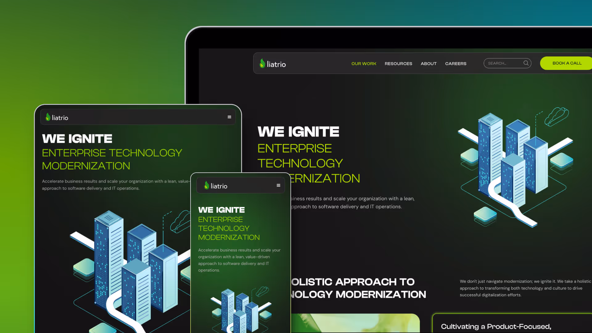 Liatrio website mockup in desktop, tablet, and mobile.