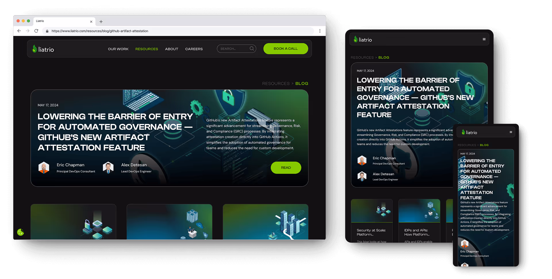 Desktop, tablet, and mobile mockups of the new-branded Liatrio website blog landing page