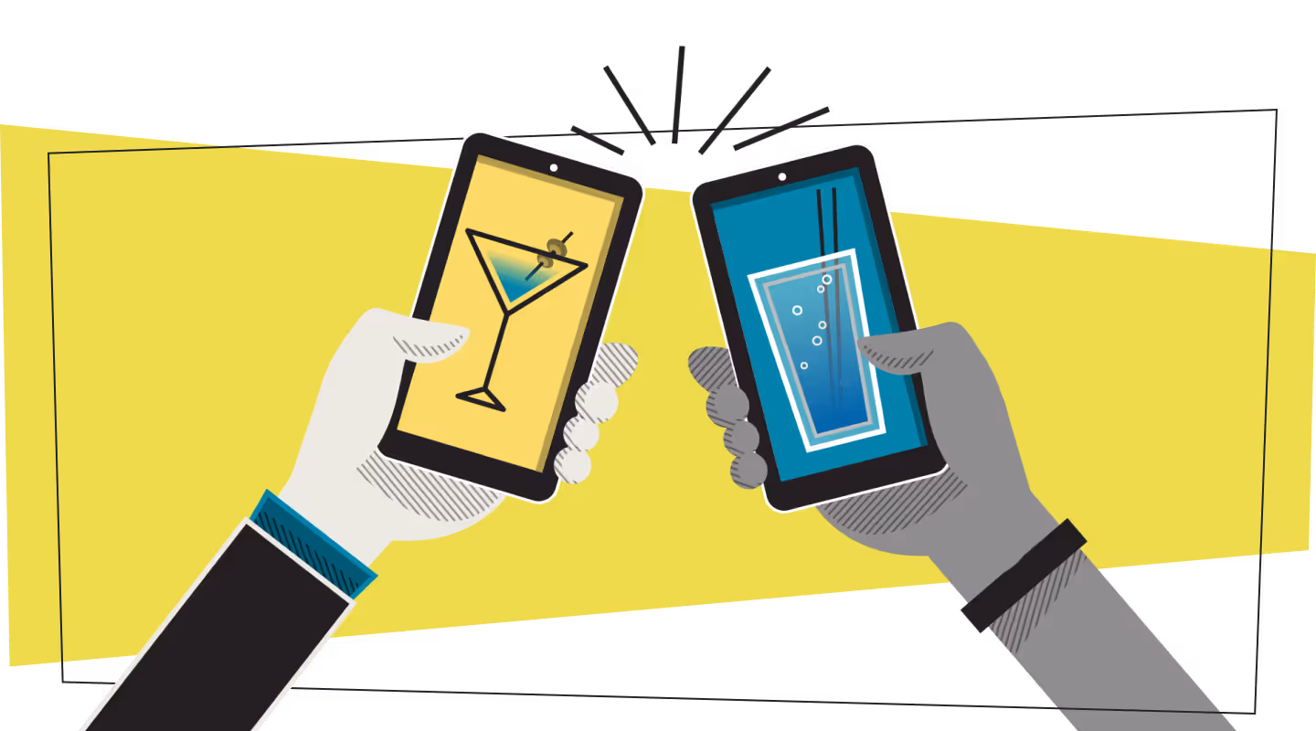 A closeup illustration of two hands holding mobile phones with cocktail drinks on the screen and making a cheers motion simulating a toast