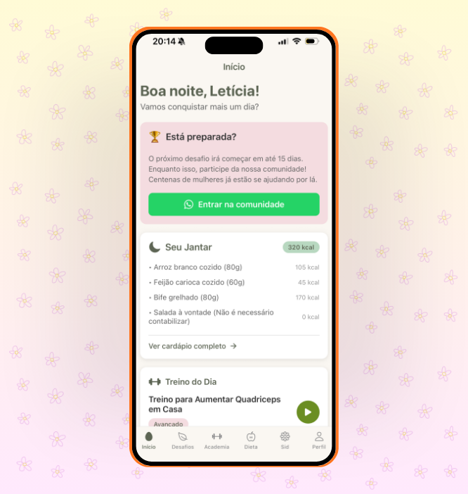 Home do aplicativo com dieta e treino do dia.