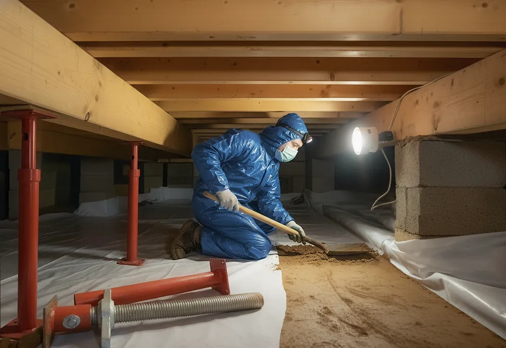 Person in blue protective suit and mask shoveling dirt under a wooden floor with a bright work light.