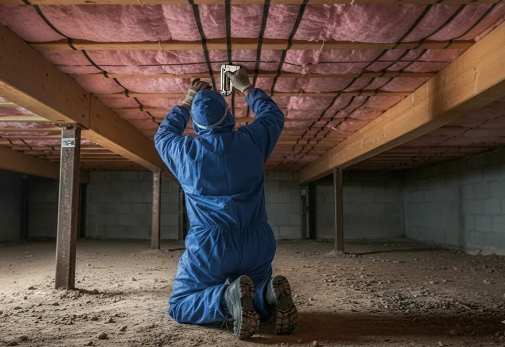 Person in blue protective suit installing or securing pink insulation material to a wooden ceiling frame in a crawl space.