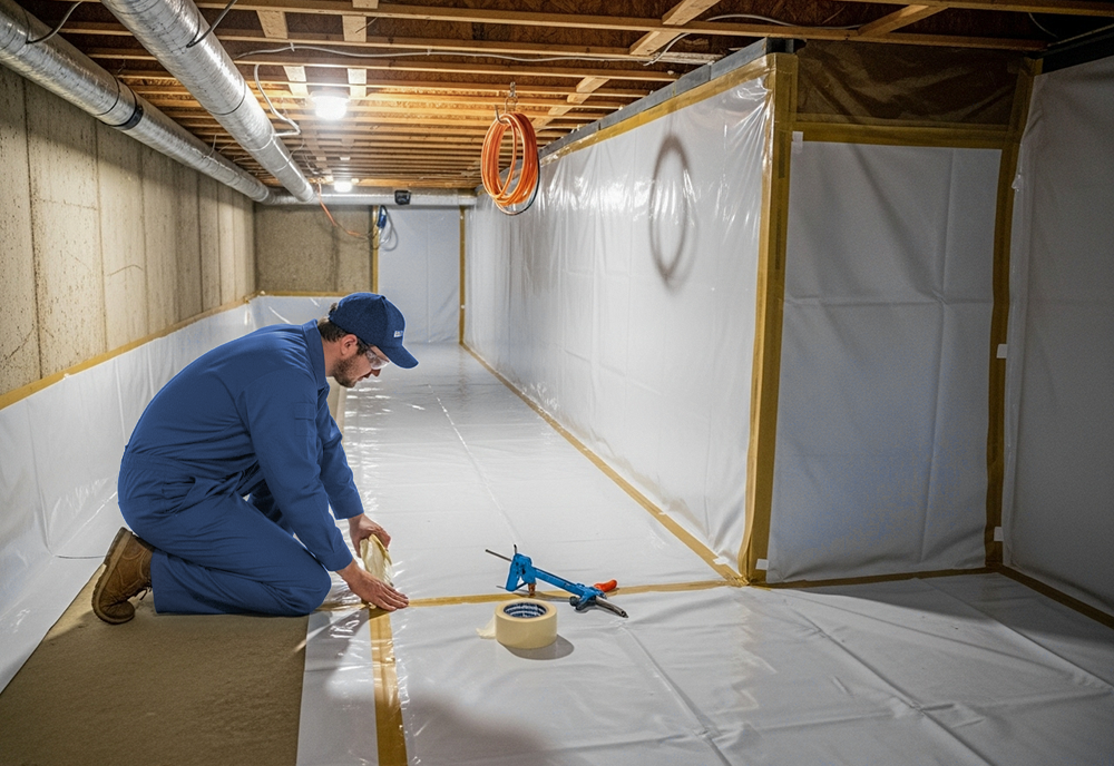Worker in blue coveralls and cap installing plastic vapor barrier with tape in basement crawl space.