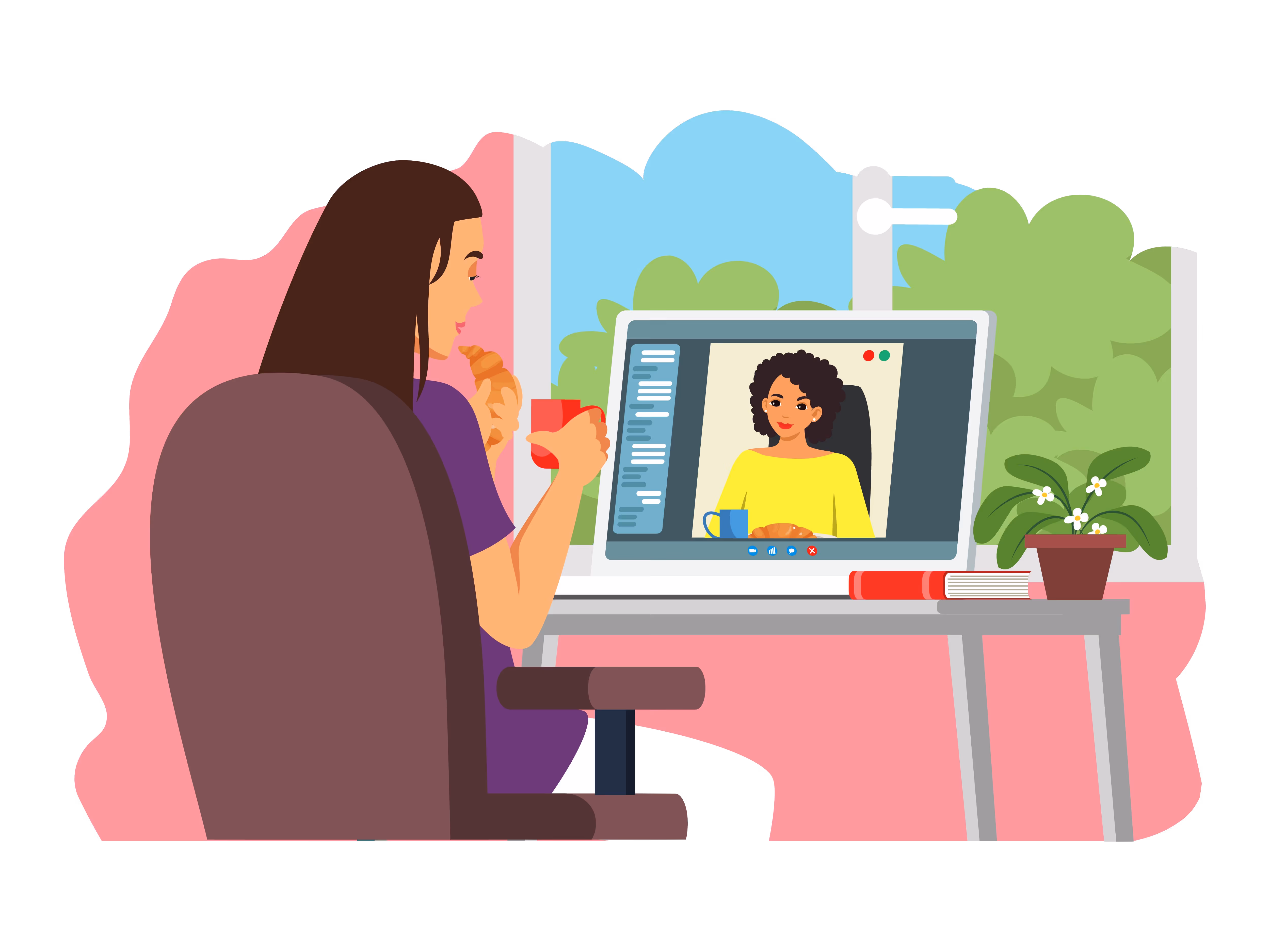 A friendly illustration of a woman on a video call, sitting at a desk with a laptop and holding a mug, representing the relaxed and collaborative free consultation.