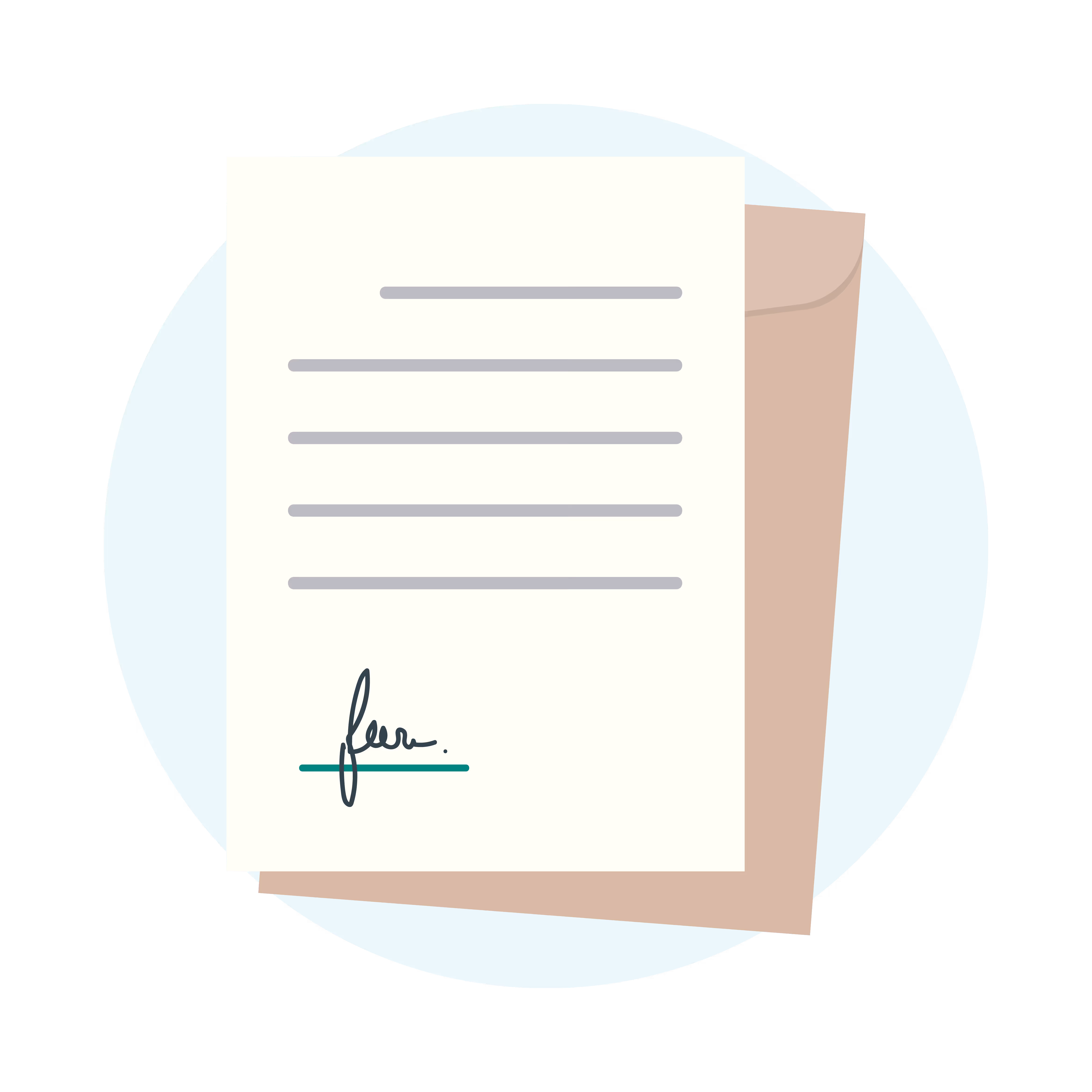 Illustration of a proposal document with a signature overlaying an open envelope, representing the proposal, contract, and onboarding process.