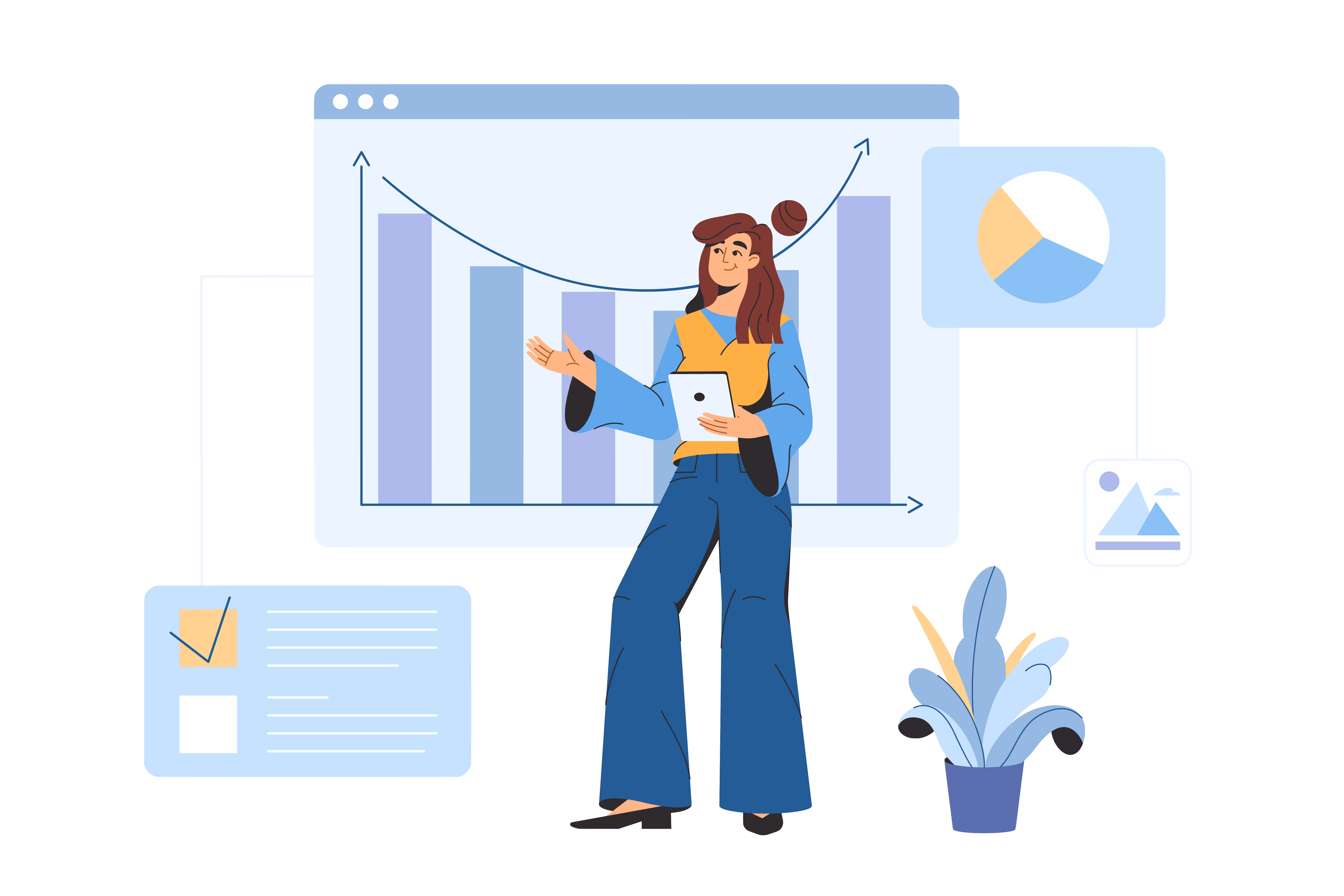 Illustration of a woman presenting data on a large screen with bar charts and a pie chart, symbolizing discovery, research, and strategic planning.