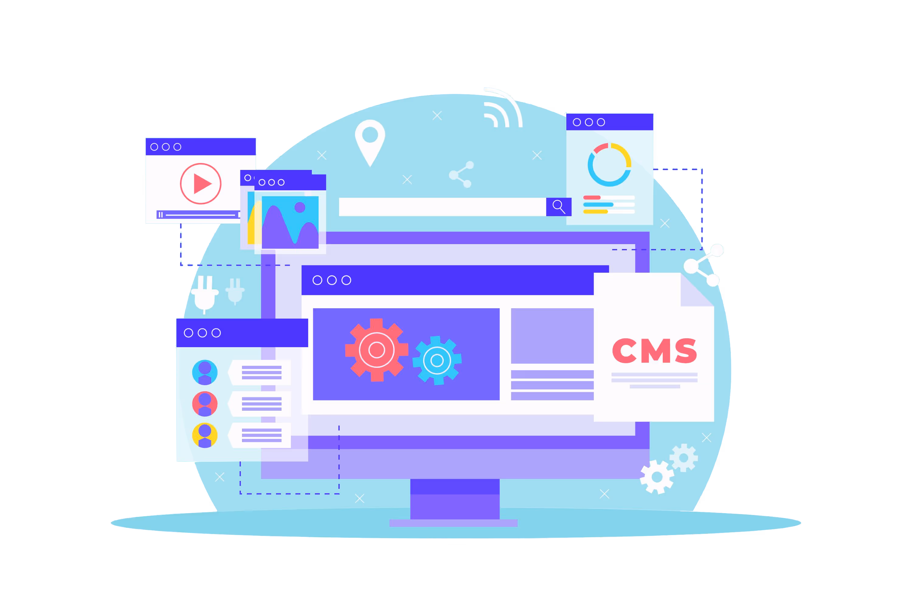 Illustration of a computer screen displaying a web interface with gears, content blocks, and UI elements, representing the design and iteration phase.