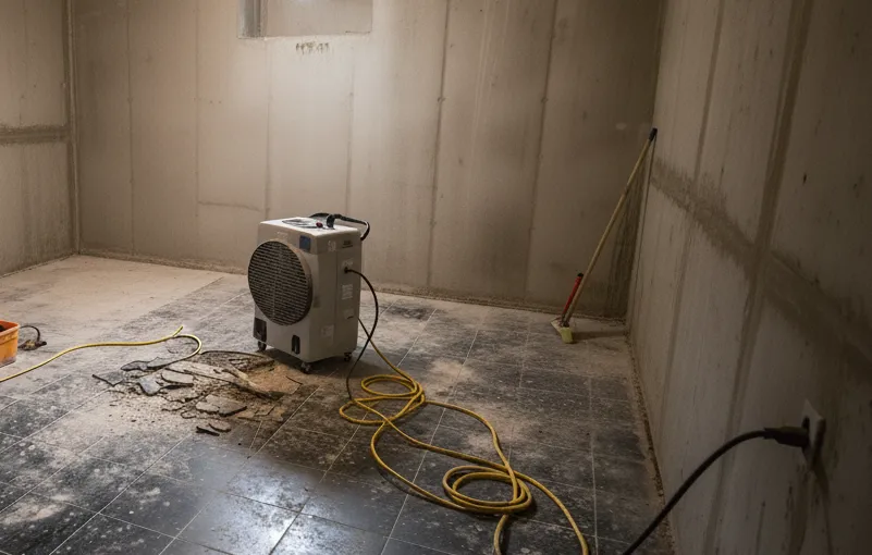 Ein Bautrockner befindet sich im Keller neben ein paar Fließen