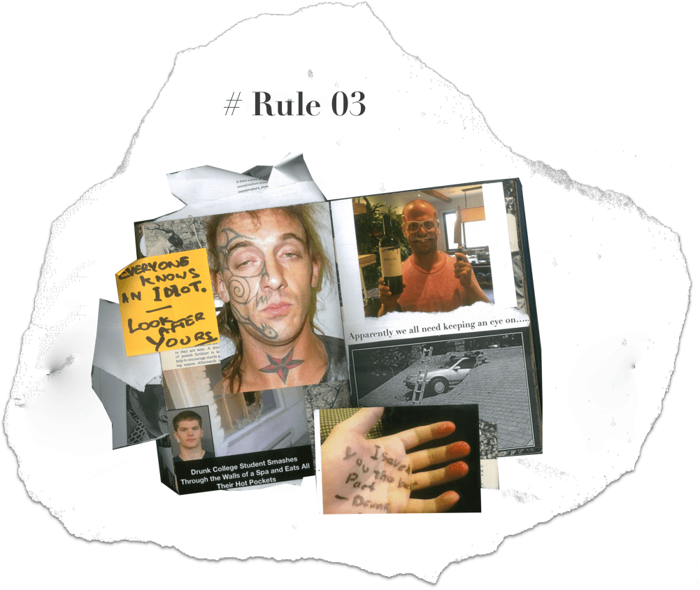 Collage of humorous and rebellious images with captions, featuring one with a hand-written note, captioned '# Rule 03.'