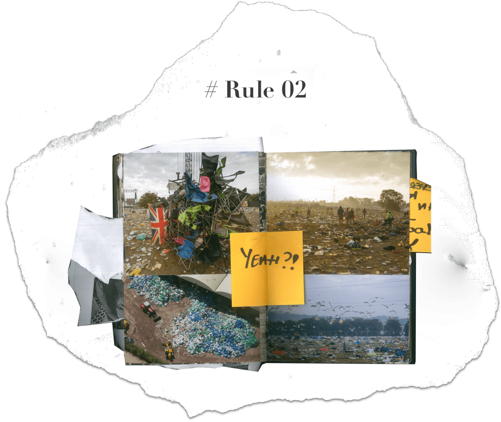 Collage of images showing piles of trash with a sticky note saying 'Yeah??,' captioned '# Rule 02.