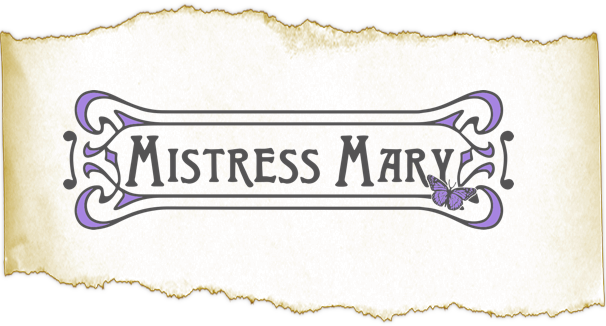 Logo for 'Mistress Mary' with decorative elements and a butterfly illustration.