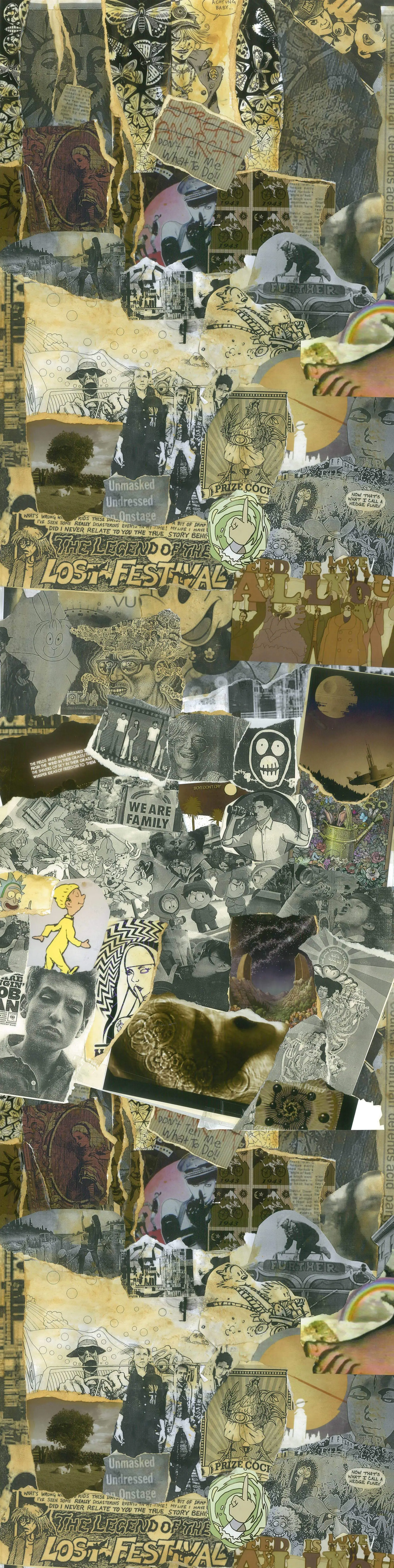 Collage of black-and-white images and text symbols related to rebellion and culture.