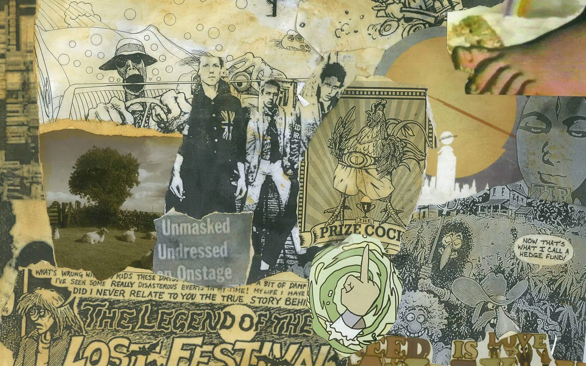 Collage artwork featuring vintage band photos, a drawing of a prize cock, a cartoon hand showing one finger, and various comic-style illustrations with text including 'The Legend of the Lost Festival' and 'Unmasked Undressed Onstage'.