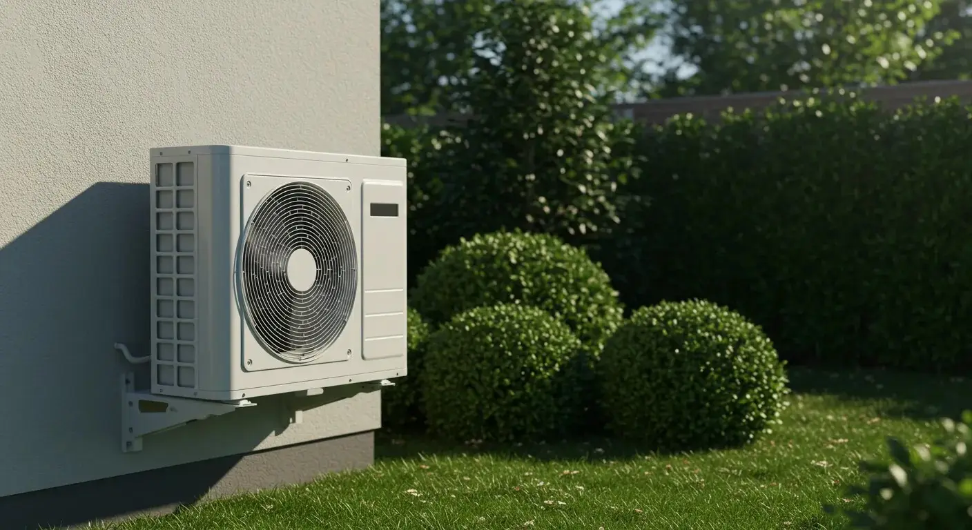 An outdoor heat pump unit is mounted on a stand outside a brick house with a green lawn and trees in the background