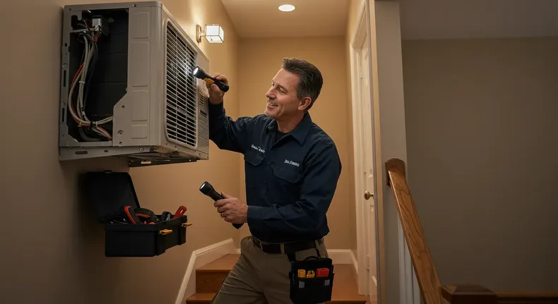 An HVAC technician smiles while using two flashlights to inspect a ductless mini-split unit on a wall