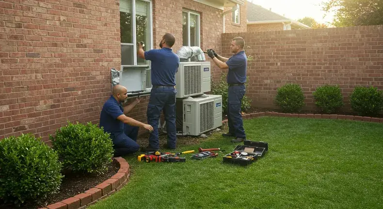 Three technicians in blue shirts install an air conditioning system outside a brick house