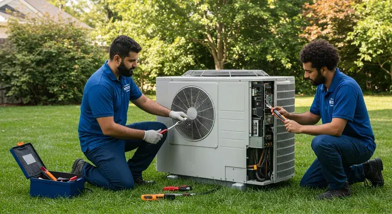 Two technicians wearing blue shirts and gloves service a large outdoor air conditioning unit on a lawn