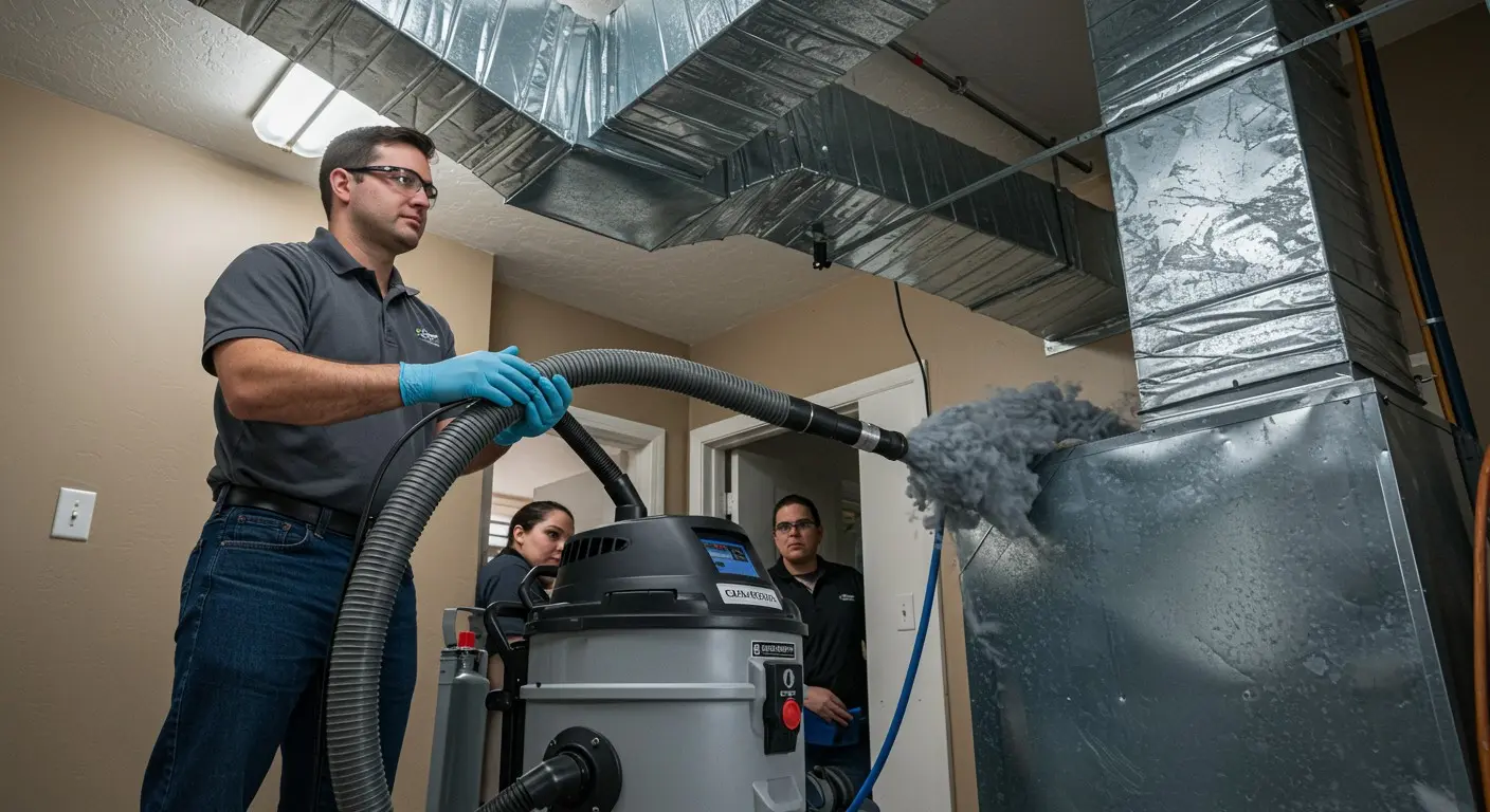 A male technician in gloves and safety glasses uses a large vacuum to clean a metal air duct, while two colleagues observe in the background.