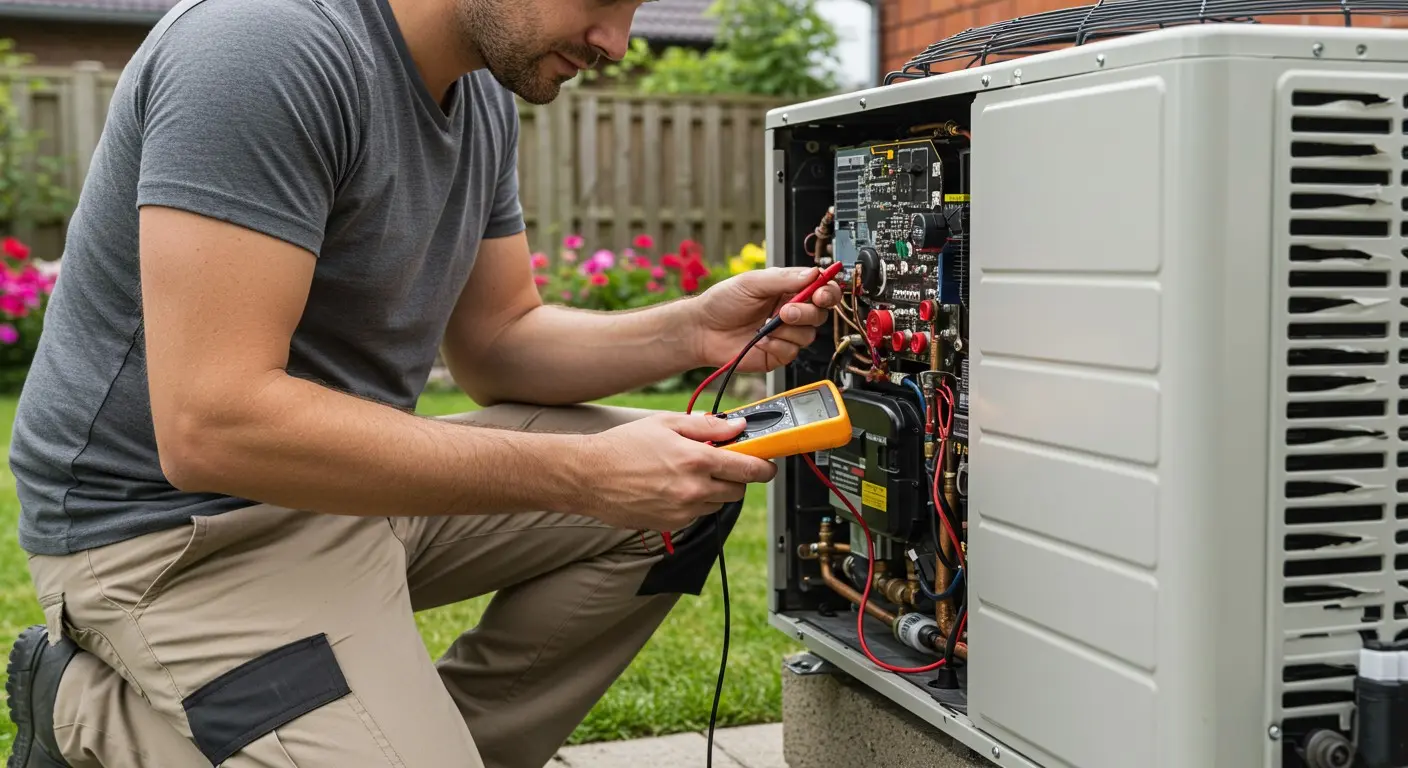 A repairman is kneeling, using a multimeter to test the electrical wiring inside an open outdoor heat pump unit.