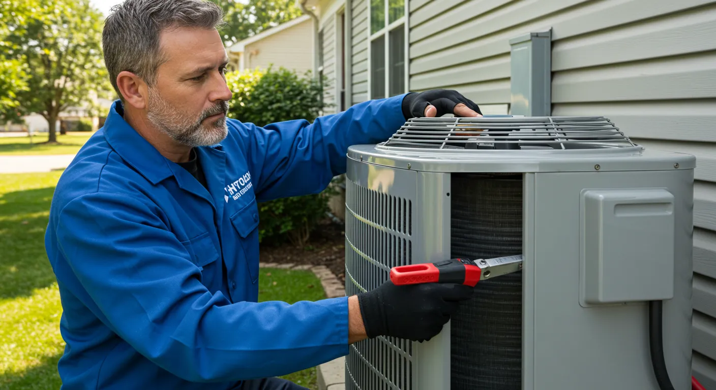 A technician in a blue uniform uses a cleaning tool to maintain the internal coils of an outdoor AC unit.
