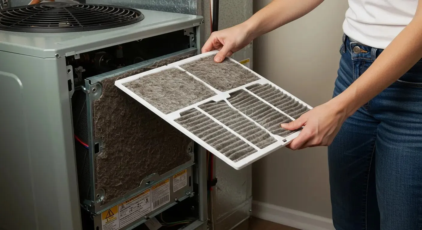 A person is shown pulling a heavily soiled and dusty air filter with a white frame out of a furnace or HVAC unit.