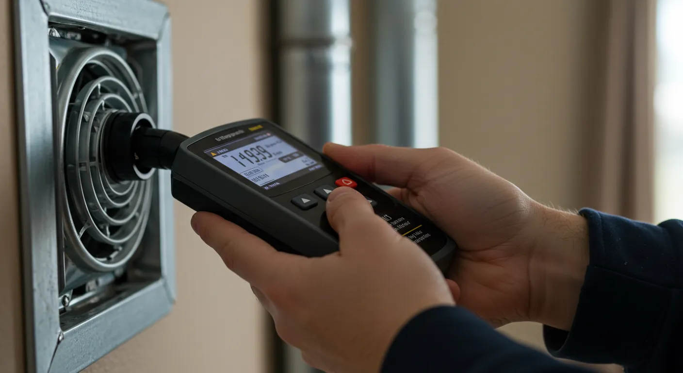 A close-up of a person's hands holding a black digital air quality meter, with the probe inserted into an exhaust vent.