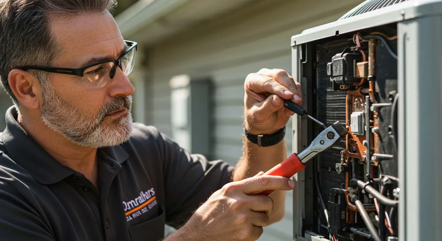 A focused technician with glasses and a beard uses a screwdriver and another tool to repair an open outdoor AC unit.