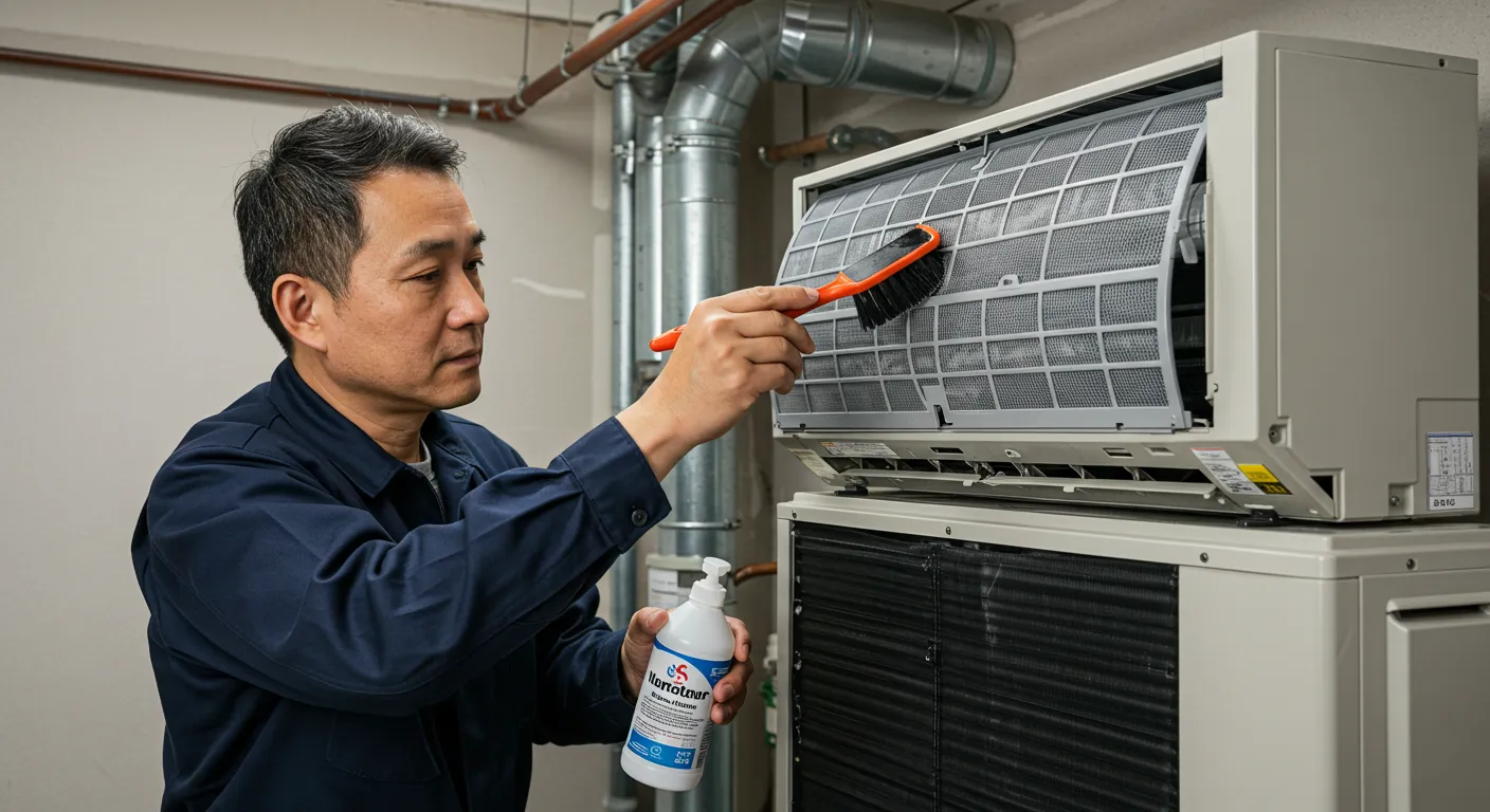 A technician in a blue uniform cleans the filter of an indoor AC unit with a brush and cleaning bottle in a utility room.