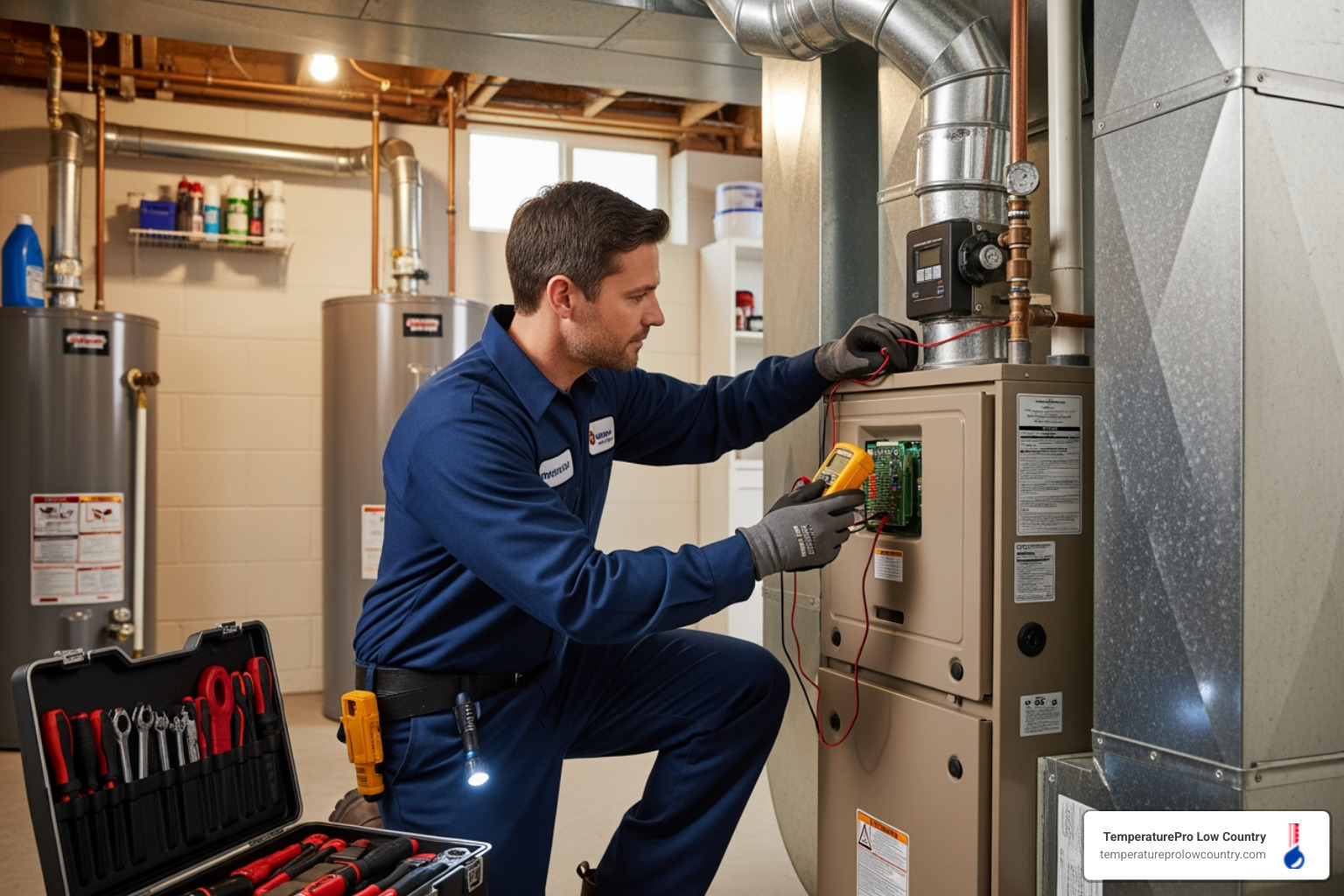 professional uniformed technician inspecting heating system - heating replacement in hilton head island sc professional uniformed technician inspecting heating system - heating replacement in hilton head island sc