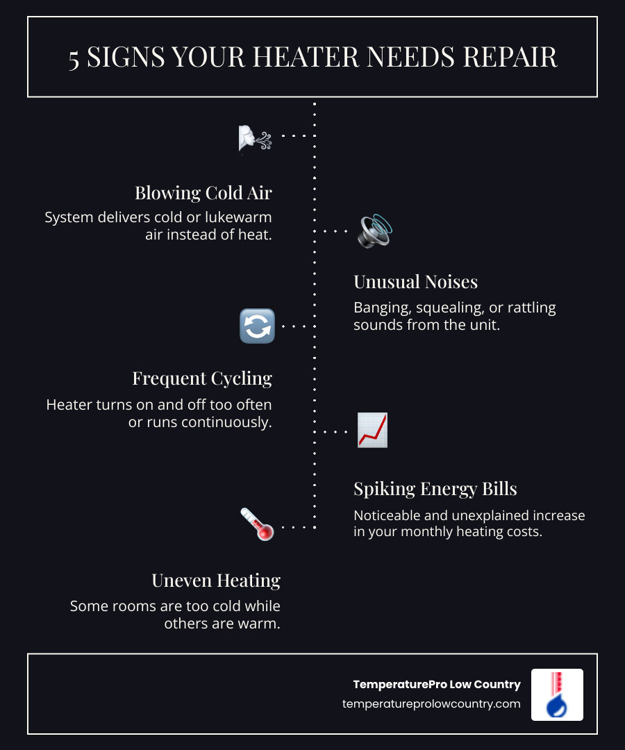infographic showing five key warning signs your heating system needs immediate professional attention in Bluffton SC: cold air from vents, unusual mechanical noises like banging or squealing, frequent on-off cycling, rising energy bills, and uneven room temperatures - heating repair bluffton sc infographic infographic-line-5-steps-dark infographic showing five key warning signs your heating system needs immediate professional attention in Bluffton SC: cold air from vents, unusual mechanical noises like banging or squealing, frequent on-off cycling, rising energy bills, and uneven room temperatures - heating repair bluffton sc infographic infographic-line-5-steps-dark