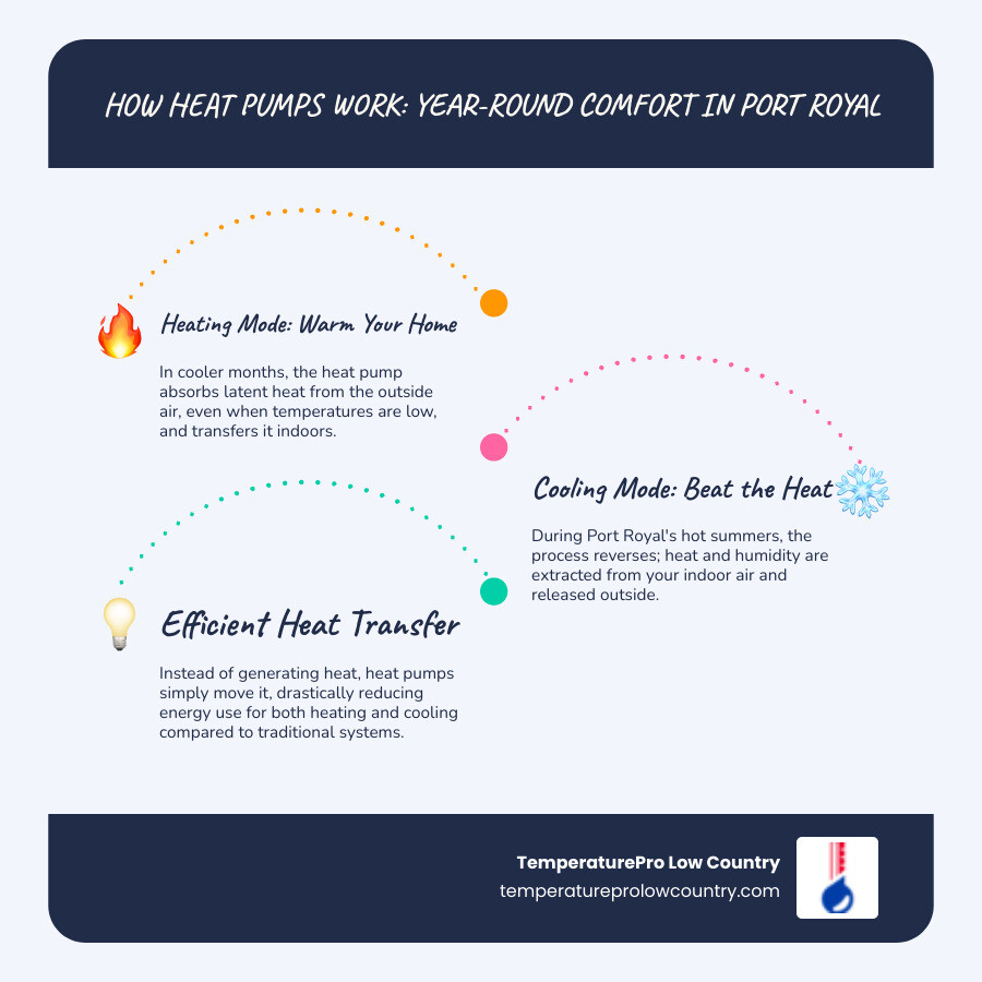 Infographic showing how heat pumps provide year-round comfort in Port Royal SC through heat transfer technology, with arrows illustrating heating mode moving warmth indoors during winter and cooling mode transferring heat outside during summer, plus key benefits including energy efficiency, dual heating and cooling capability, and suitability for coastal climates - heat pump replacement port royal sc infographic infographic-line-3-steps-blues-accent_colors Infographic showing how heat pumps provide year-round comfort in Port Royal SC through heat transfer technology, with arrows illustrating heating mode moving warmth indoors during winter and cooling mode transferring heat outside during summer, plus key benefits including energy efficiency, dual heating and cooling capability, and suitability for coastal climates - heat pump replacement port royal sc infographic infographic-line-3-steps-blues-accent_colors