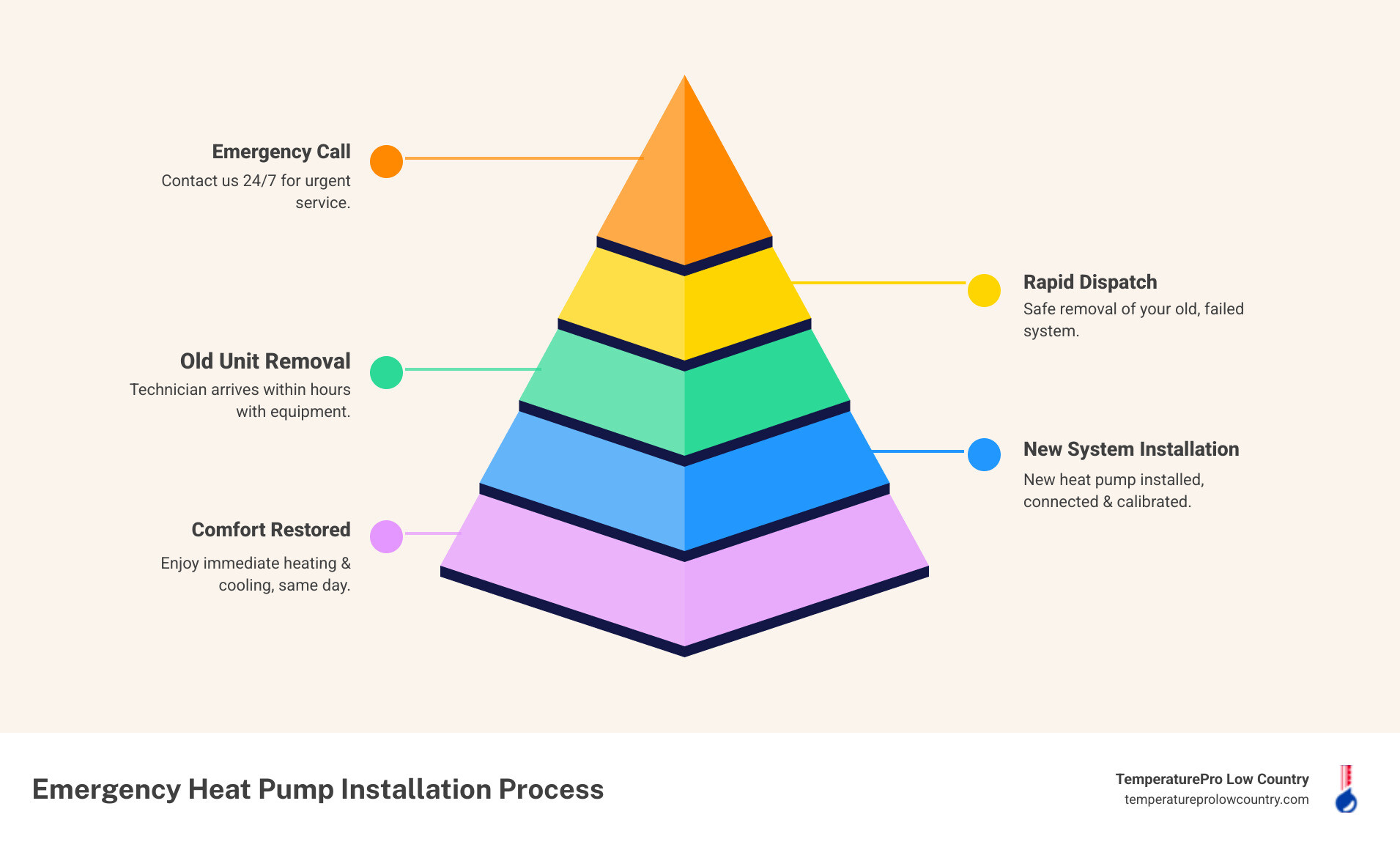 Infographic showing the emergency heat pump installation process: 1) Call for emergency service 24/7, 2) Technician arrives with equipment within hours, 3) Old system safely removed, 4) New heat pump installed and connected, 5) System tested and calibrated, 6) Home comfort restored same day - 24 hour heat pump installation in port royal, sc infographic pyramid-hierarchy-5-steps Infographic showing the emergency heat pump installation process: 1) Call for emergency service 24/7, 2) Technician arrives with equipment within hours, 3) Old system safely removed, 4) New heat pump installed and connected, 5) System tested and calibrated, 6) Home comfort restored same day - 24 hour heat pump installation in port royal, sc infographic pyramid-hierarchy-5-steps